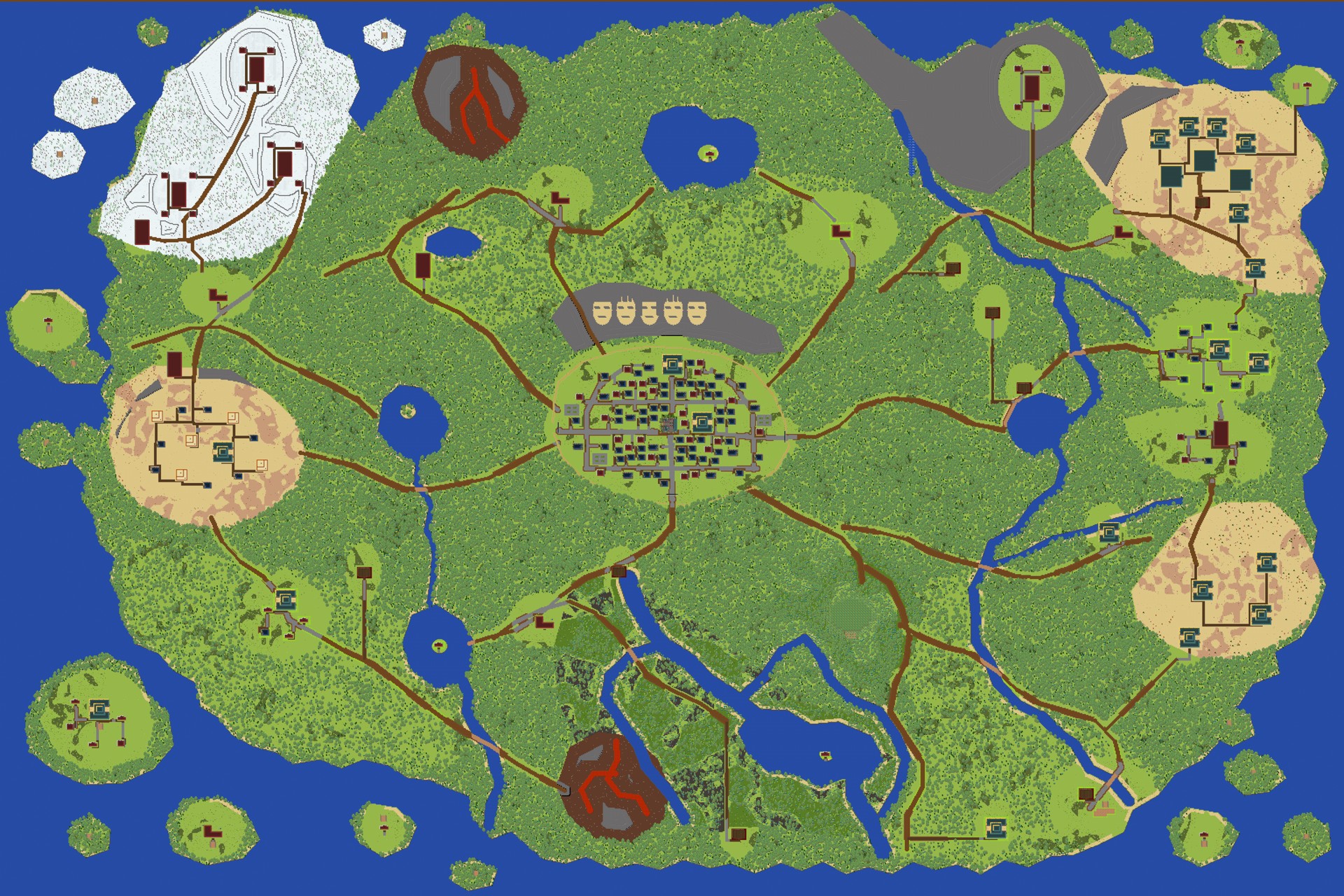 Mapa świata Naruto: Konoha w centrum, śnieżne góry na północnym zachodzie, pustynie i wioski na wschodzie, jeziora, rzeki, wulkany i wyspy.